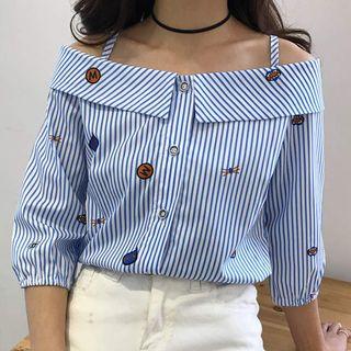 Elbow-sleeve Striped Cold-shoulder Blouse