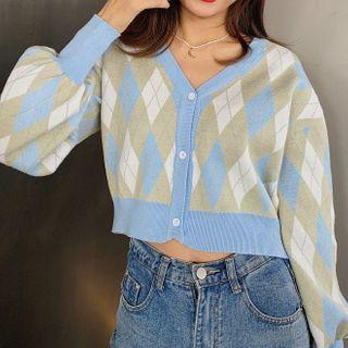 Argyle Loose-fit Lantern-sleeve Cardigan