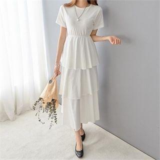 Short-sleeve Gathered-waist Long Tiered A-line Midi Dress