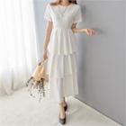 Short-sleeve Gathered-waist Long Tiered A-line Midi Dress