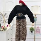 Set: Plain Pullover + Midi Leopard Print Slit A-line Skirt Pullover - Black - One Size / Skirt - Leopard - One Size