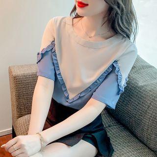 Short-sleeve Two-tone Ruffled Blouse