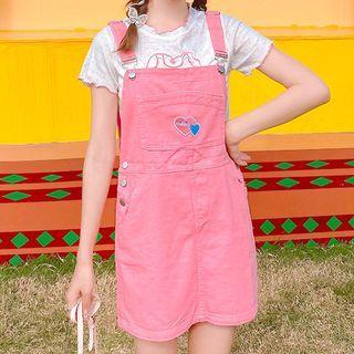 Heart Embroidered Denim Mini Overall Dress