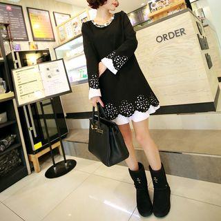 Frill Sleeve Embellished Perforated Dress