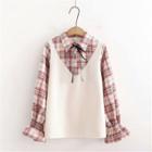 Bell-sleeve Mock Two-piece Plaid Shirt