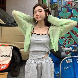 Long-sleeve Plain Cardigan / Leopard Print Camisole