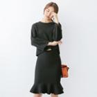 Set: Plain Long-sleeve Knit Sweater + Mermaid Midi Skirt