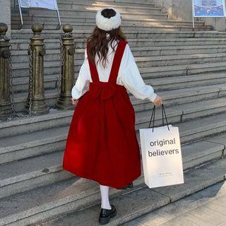 Bow Accent A-line Pinafore Dress / Long Sleeve Plain Shirt
