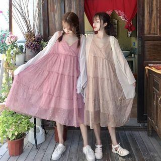 Spaghetti Strap Midi A-line Dress / Light Jacket