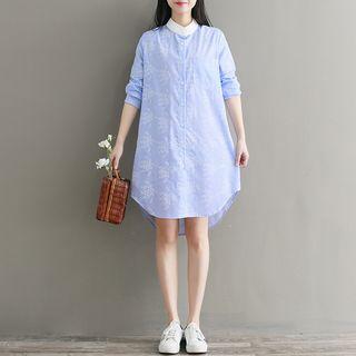 Long-sleeve Floral Print Pinstriped Shirtdress