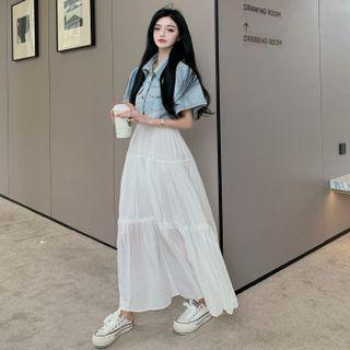 Puff-sleeve Denim Crop Shirt / High-waist Midi Skirt