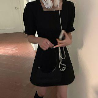 Puff-sleeve Square-neck A-line Dress Dress - Black - One Size