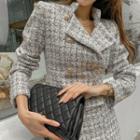 Stand-collar Jacket & H-line Skirt Tweed Set