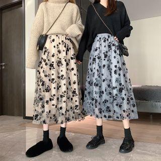 Floral Print Mesh A-line Skirt
