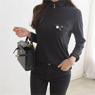 Slit High-neck Faux-pearl Trim Top