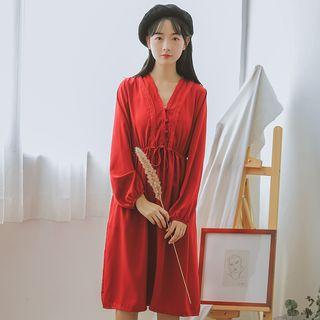 Lantern-sleeve V-neck Tie-waist Midi Dress