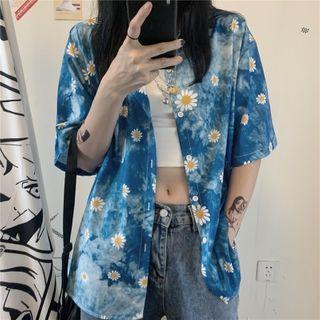 Elbow-sleeve Floral Print Shirt Shirt