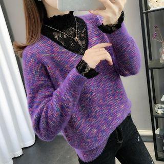 Mock Two-piece Lace Panel Mock-neck Sweater