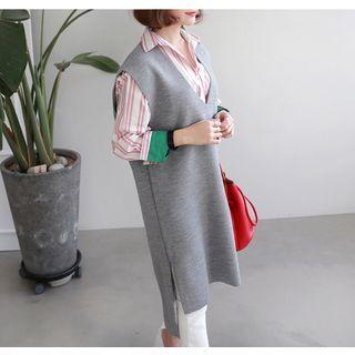 V-neck Cap-sleeve Long Knit Top