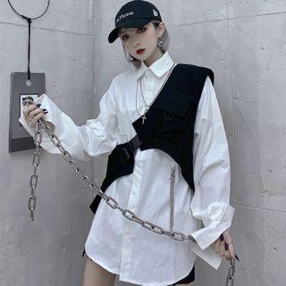 Long-sleeve Chain Shirt / One-shoulder Snap Buckle Vest