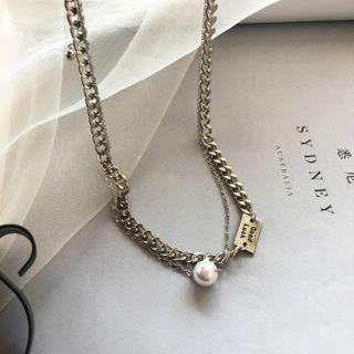 Faux Pearl Chain Necklace 1 Pc - Double Layer Necklace - Silver - One Size