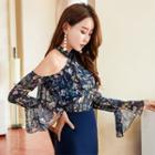 Floral Print Cut Out Bell-sleeve Chiffon Blouse