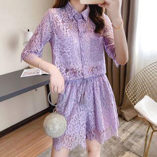 Set: Elbow-sleeve Plain Lace Blouse + Drawstring Plain Lace Shorts