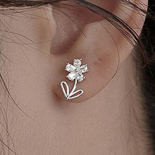 Rhinestone Flower Ear Stud 1 Pair - Silver - One Size