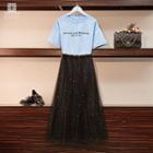 Set: Lettering Short-sleeve T-shirt + Sequin A-line Midi Mesh Skirt