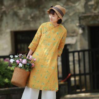 3/4-sleeve Printed Slit A-line Dress