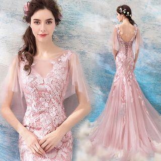 Embroidered Flutter-sleeve Mermaid Evening Gown
