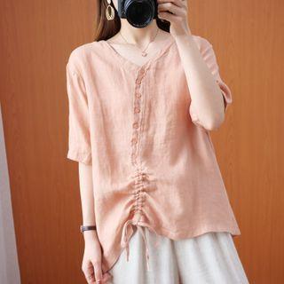 V-neck Drawstring Plain Blouse