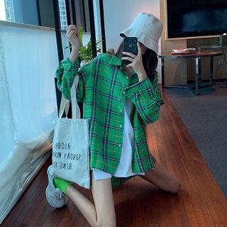 Color-block Check Long-sleeve Blouse / Plain Crewneck Top