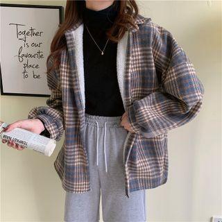 Long Sleeve High Neck Top / Fleece Lined Gingham Shirt