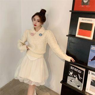 Floral Collared Sweater / Mesh Overlay Skirt