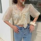 Flower Embroidered Puff-sleeve Cropped Top As Shown In Figure - One Size