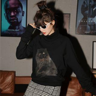 Cat Print Mock-turtleneck Pullover