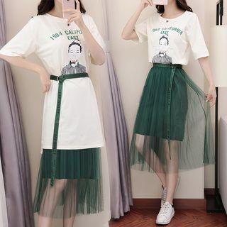 Set: Printed Short-sleeve T-shirt + Sheer Panel Midi Skirt
