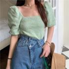 Puff-sleeve Square-neck Blouse Light Green - One Size