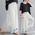Embroidered Wide Leg Pants White - One Size