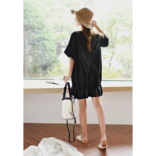 Elbow-sleeve Drawstring-hem Cotton Mini Dress