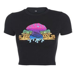 Mushroom Print Short-sleeve Crop Top