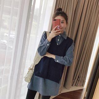 Set: Long-sleeve Collared Mini Dress + Knit Vest