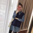 Set: Long-sleeve Collared Mini Dress + Knit Vest