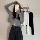 Skinny Plain Long-sleeve Crop Knitted Top With Zip