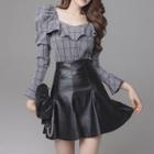 Set: Plaid Blouse + Faux Leather A-line Skirt