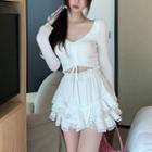 Long-sleeve Drawstring Top / Layered Mini A-line Skort