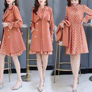 Set: Dotted A-line Shirtdress + Double-breasted Trench Coat