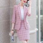 Elbow-sleeve Plaid Blazer / Shorts / Pencil Skirt / Set