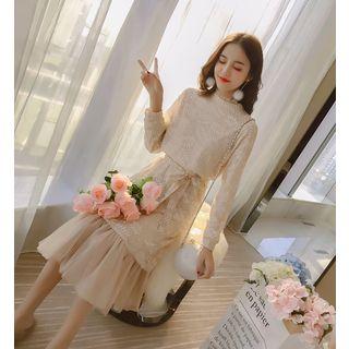 Tie-waist Ruffle Hem Lace Midi Dress